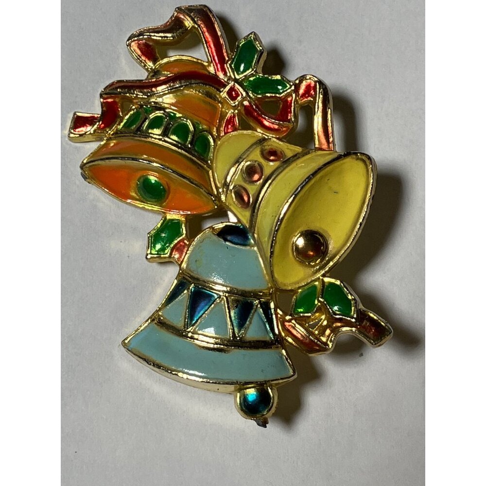 Vintage Christmas Trio of Colorful Bells Ribbon Lightweight Brooch Multicolored